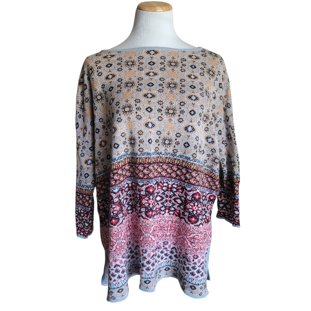 J Jill  Pullover Linen Blend Half Sleeve Intarsia Tunic Top Womens Medium